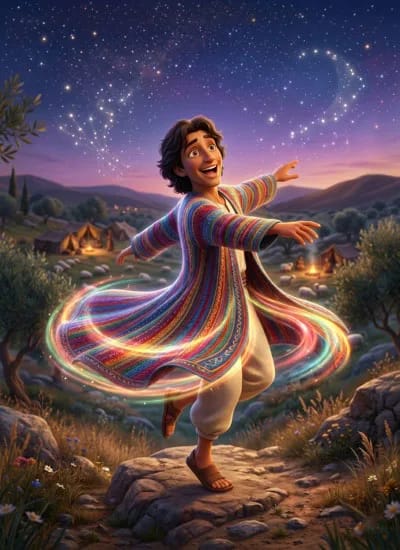 Joseph in his colorful coat beneath a starry sky