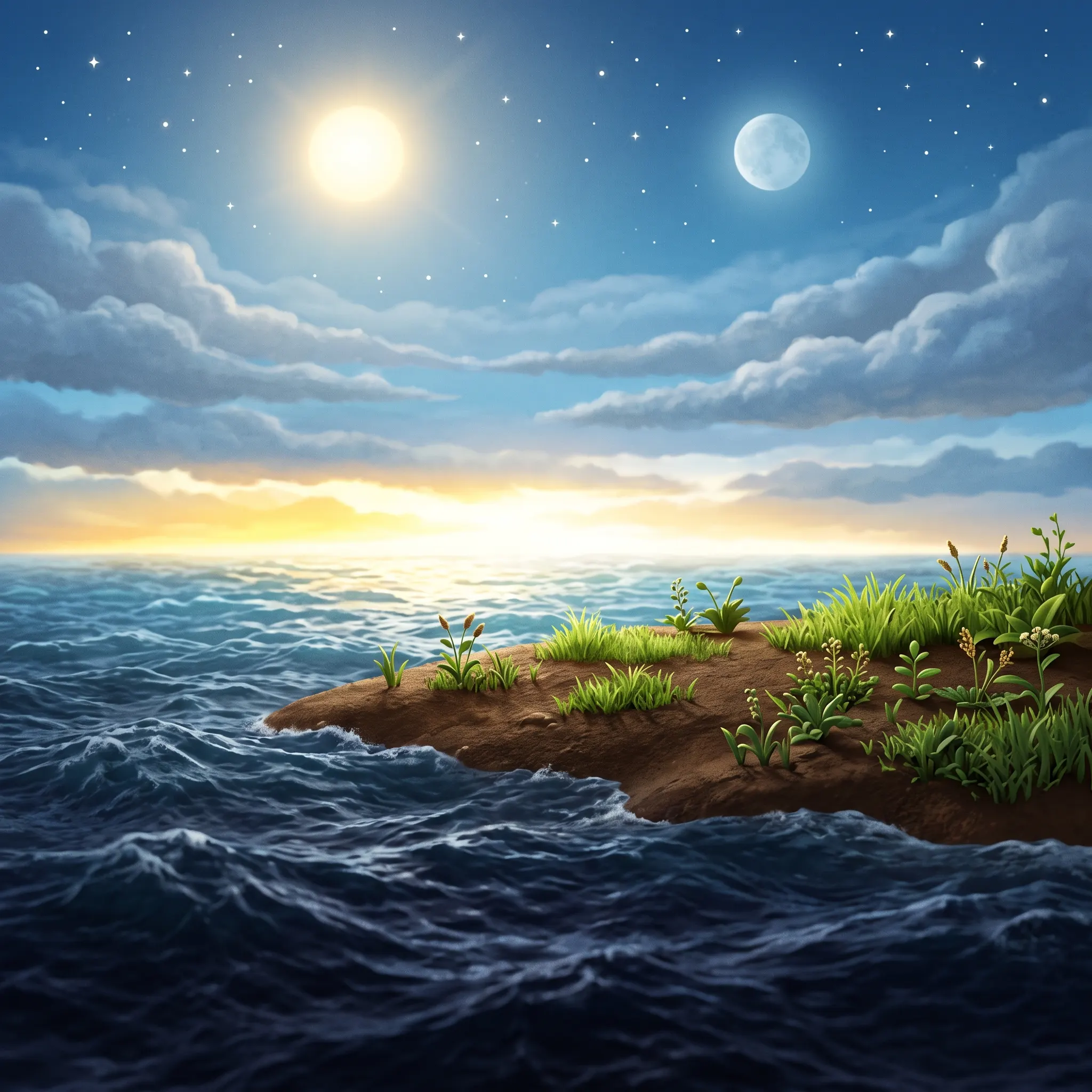 God Creates Light, Sky, and Land illustrated Bible story for kids