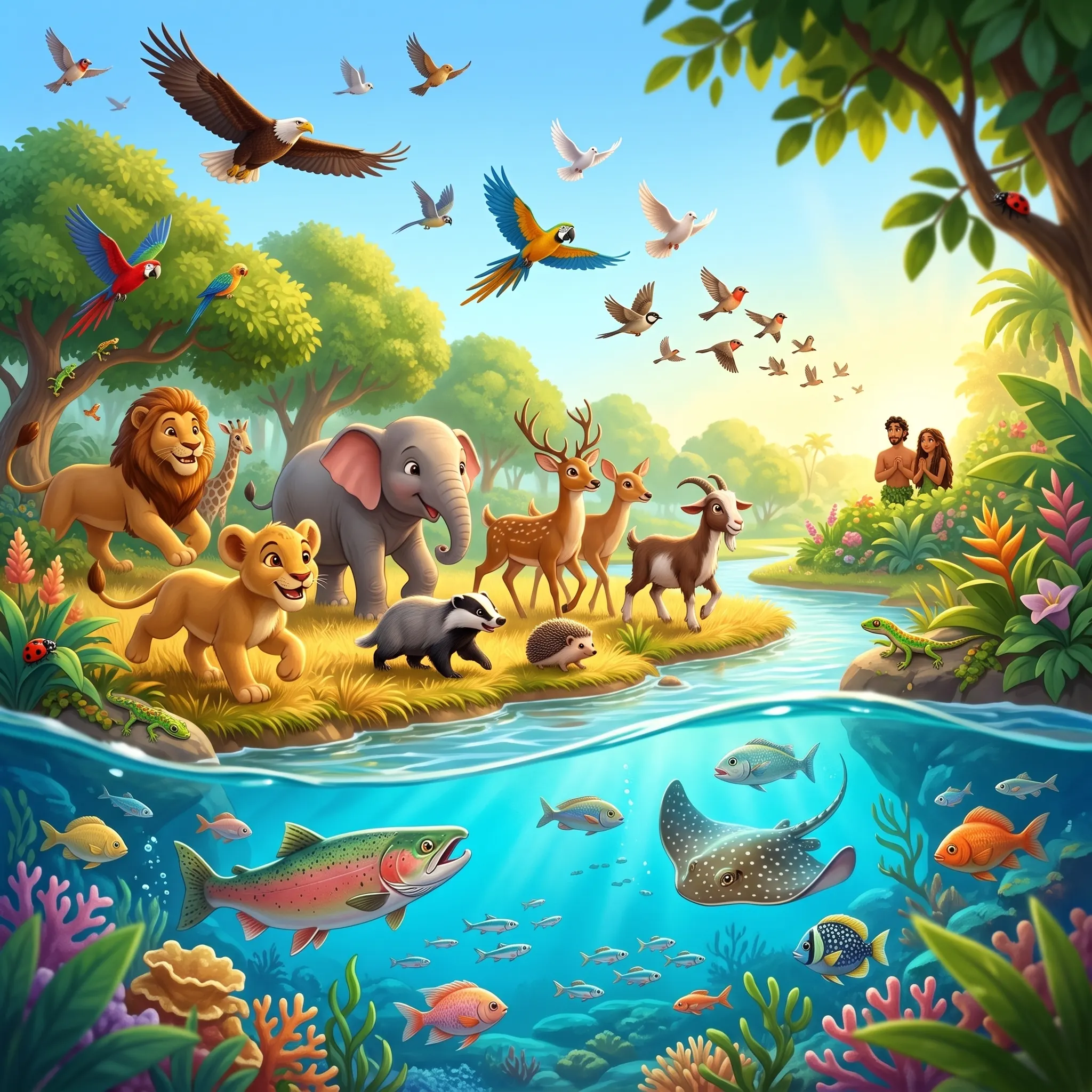 God Creates the Animals and Rests illustrated Bible story for kids