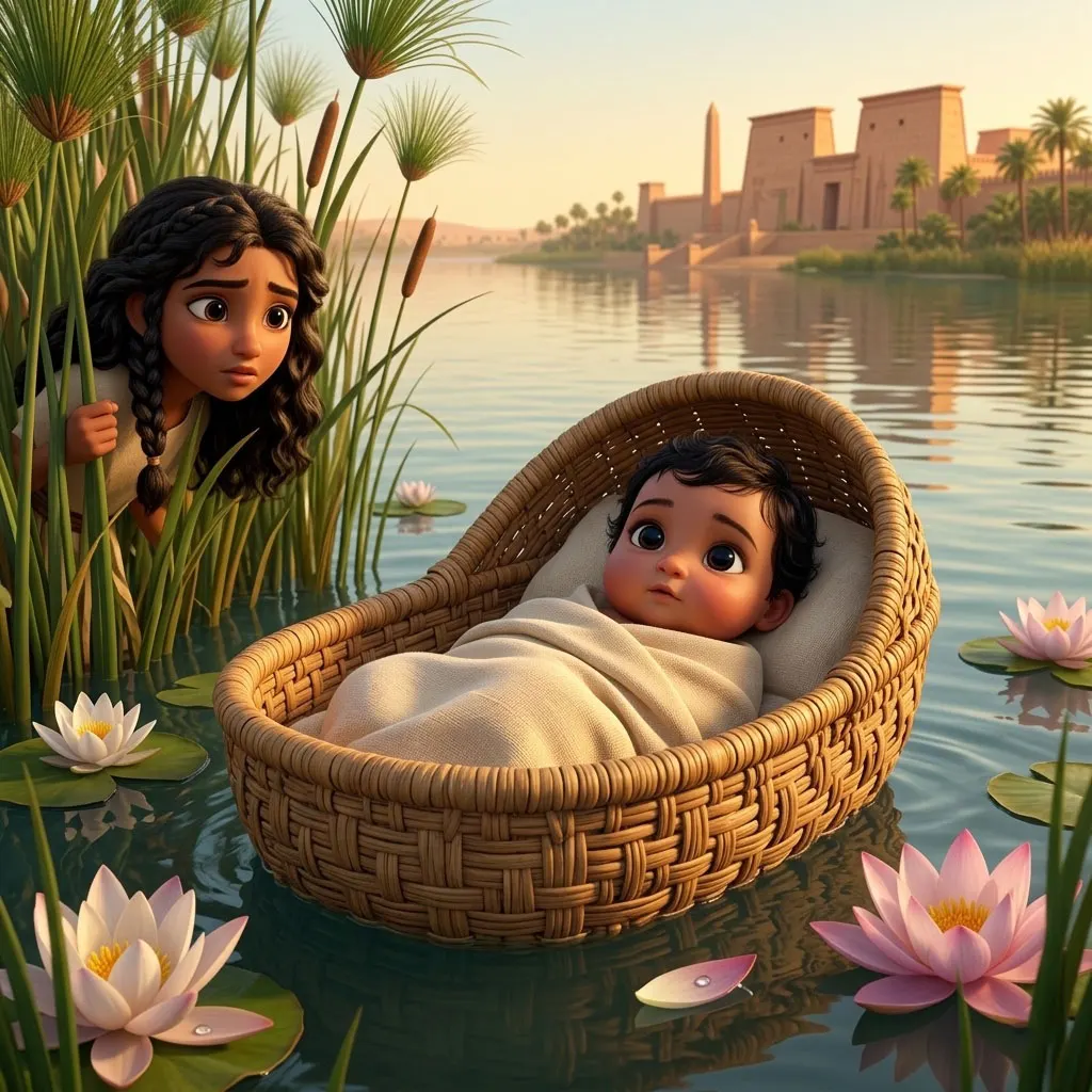 Baby Moses in a Basket illustrated Bible story for kids