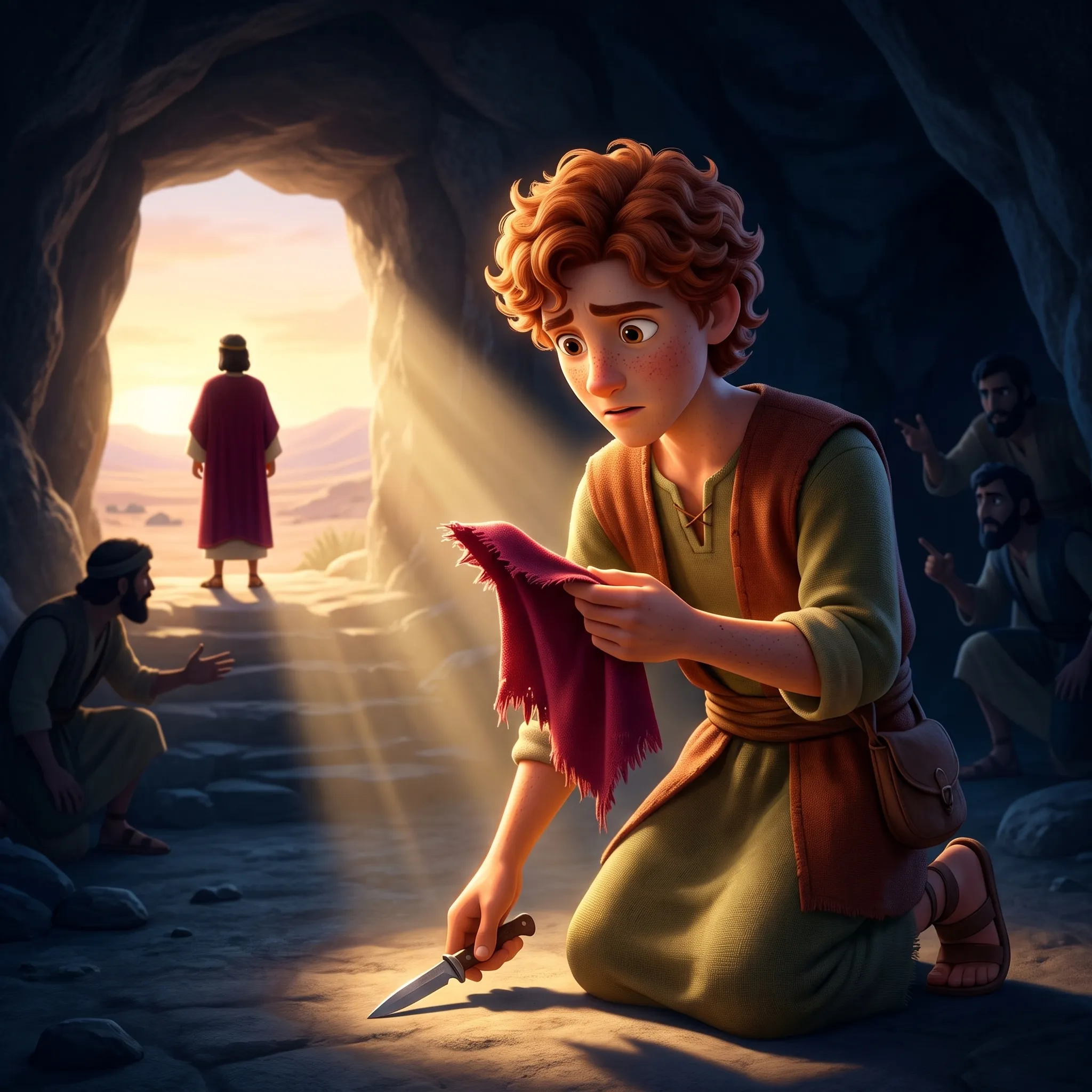 David Spares Saul in the Cave illustrated Bible story for kids