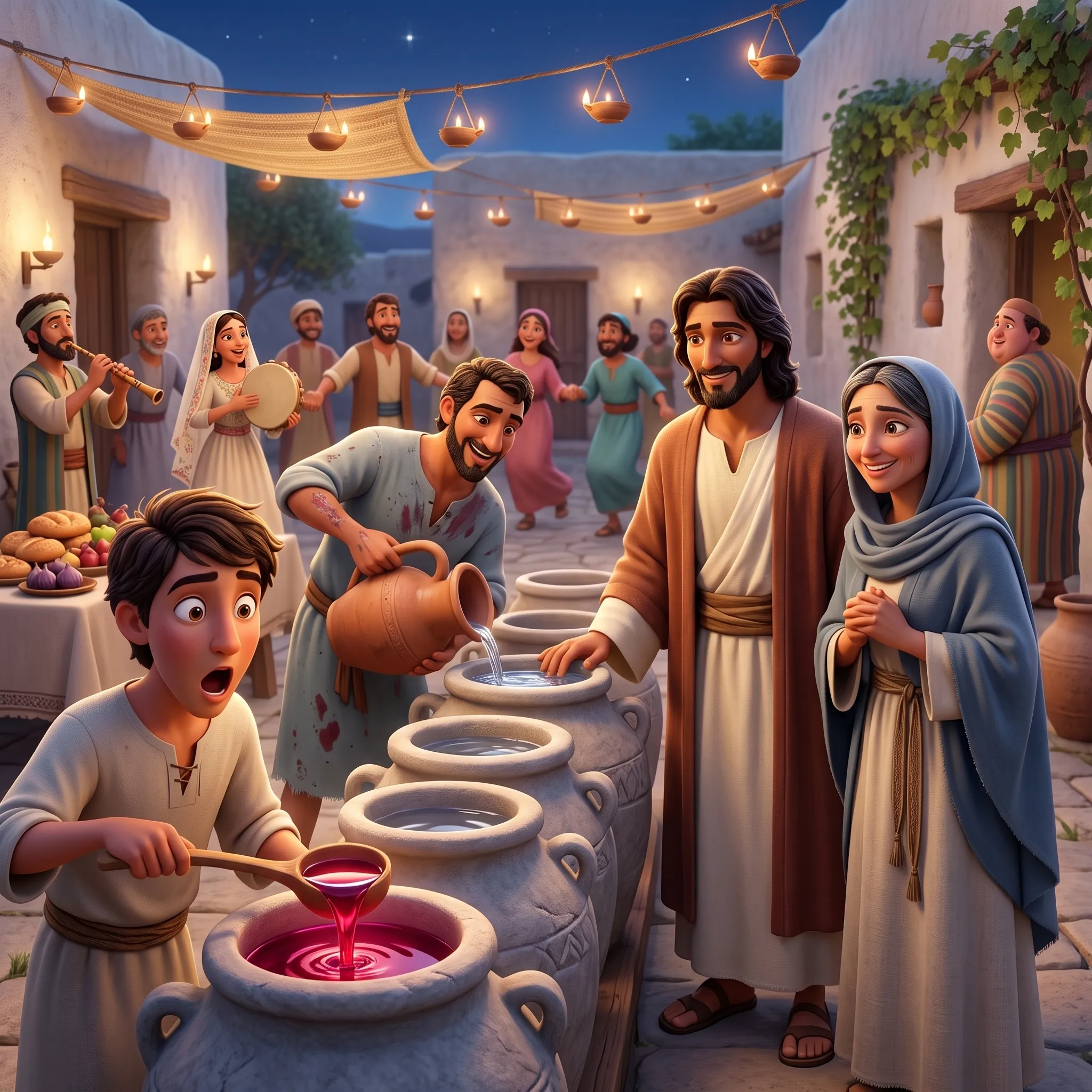 Jesus Turns Water into Wine illustrated Bible story for kids