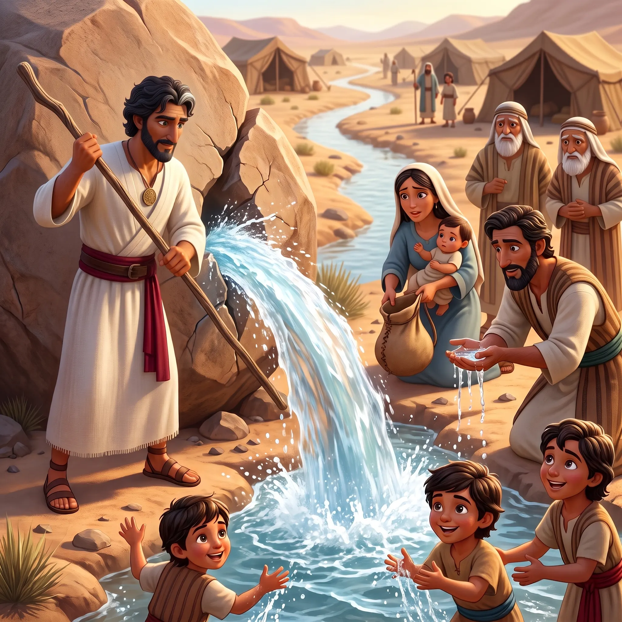 Moses Brings Water from the Rock illustrated Bible story for kids